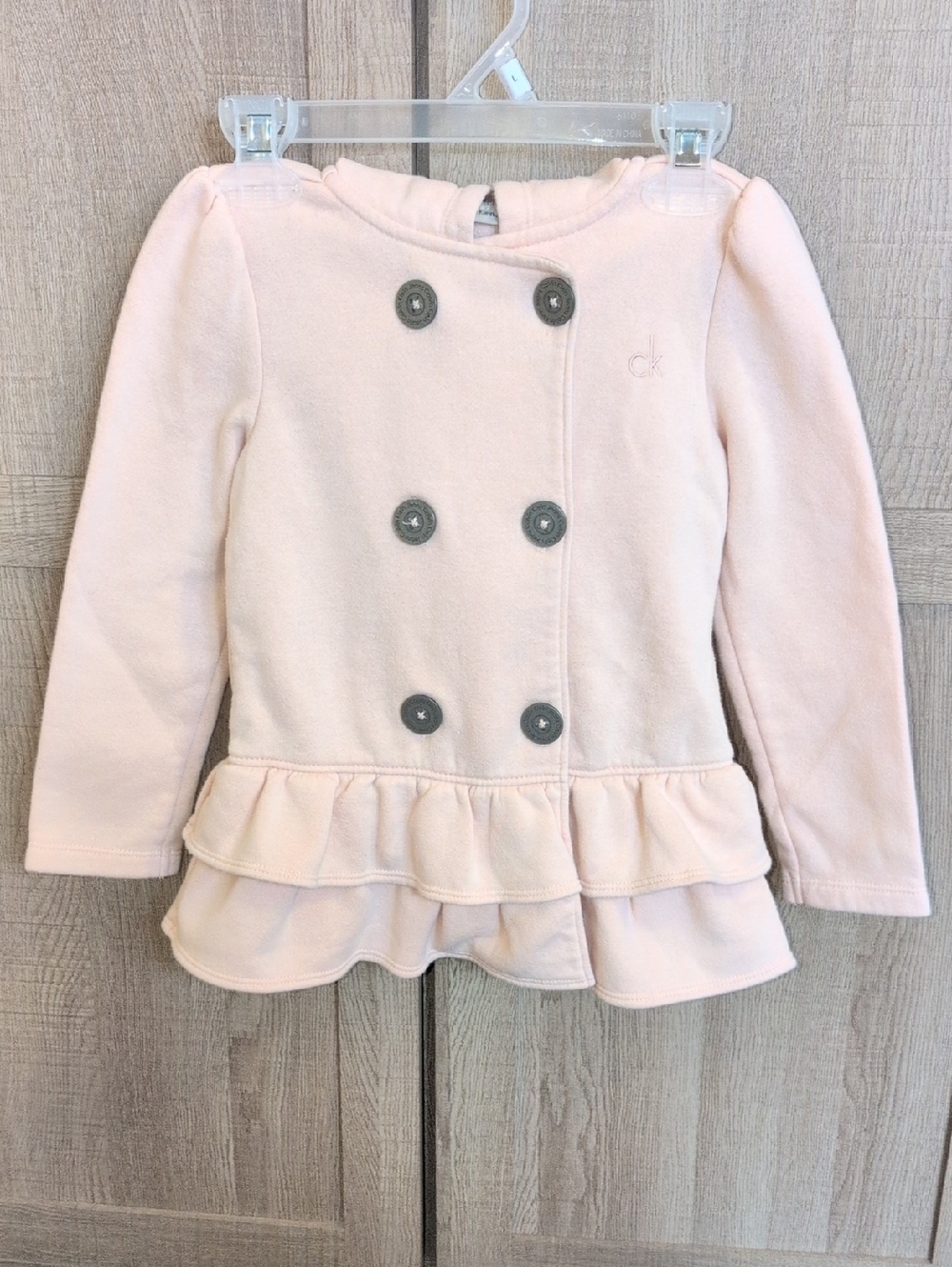 Calvin Klein Pale Pink Double-Breasted Ruffle Peplum Jacket, Size 4T.